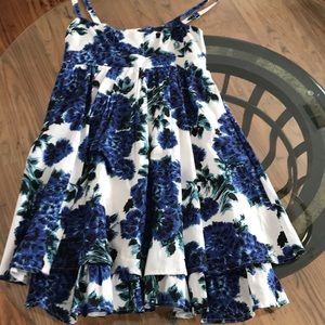 A line dress, ruched back, blue/teal over white S